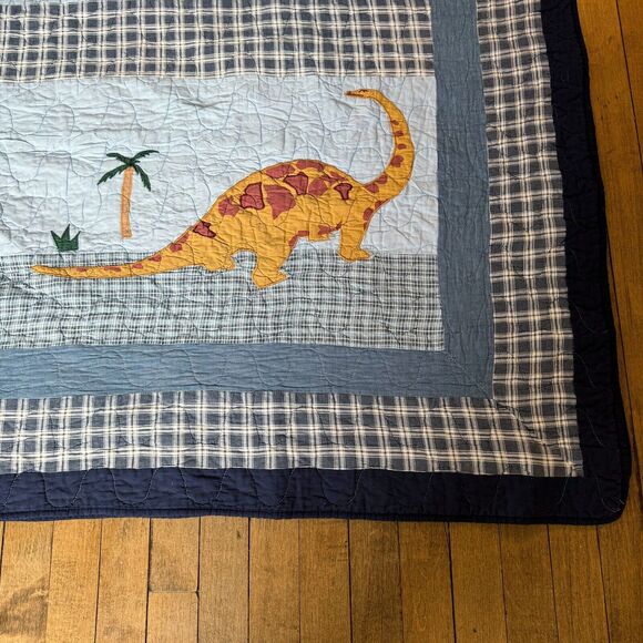 Pottery Barn Kids Twin Dinosaur Quilt Blue Denim Plaid Patchwork Rare - Picture 5 of 9
